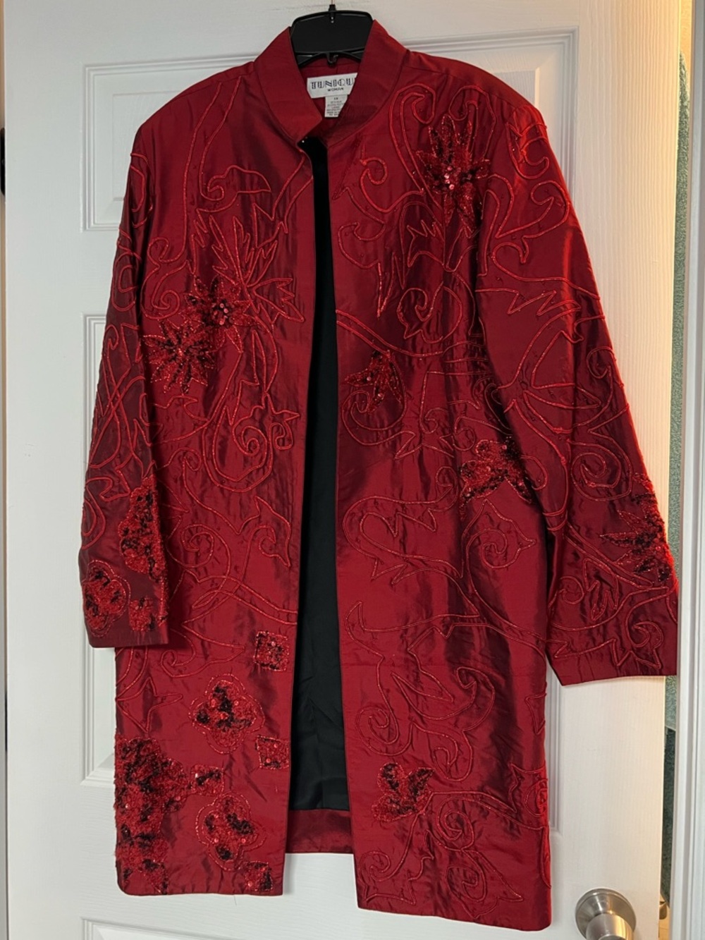 Unique Red Embroidered Long Trench Coat by Tungmo